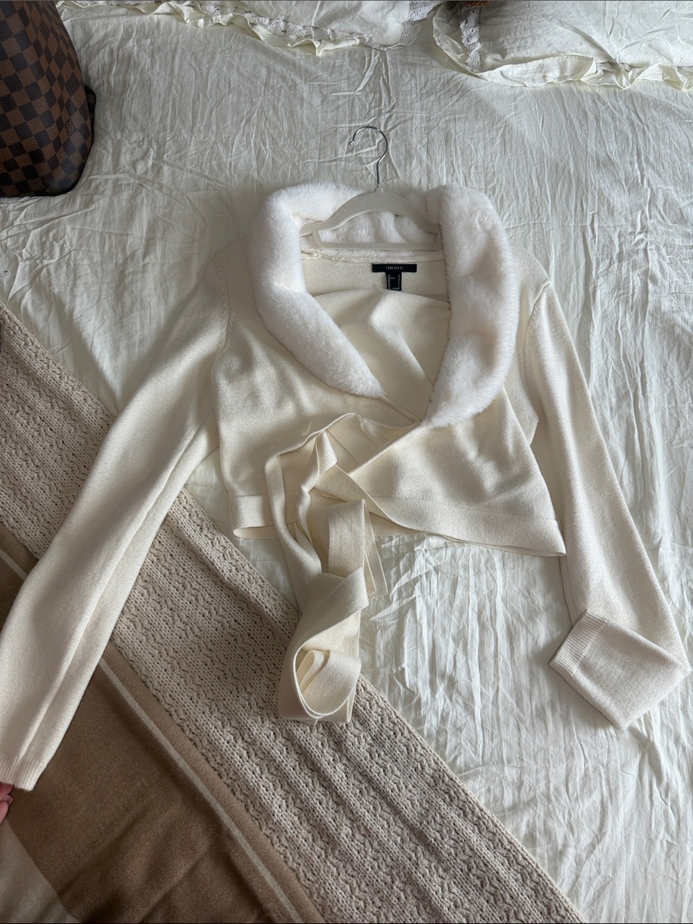 Cream Faux-Fur Collar Wrap Sweater - nWOT